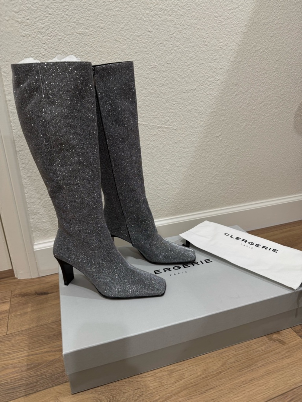 Robert Clergerie Silver Glitter Knee Boots with Block Heel
